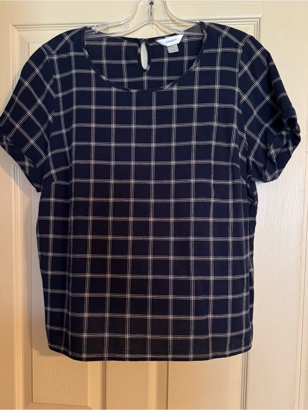 Christopher & Banks Navy Windowpane Short Sleeve Blouse with White Gridi